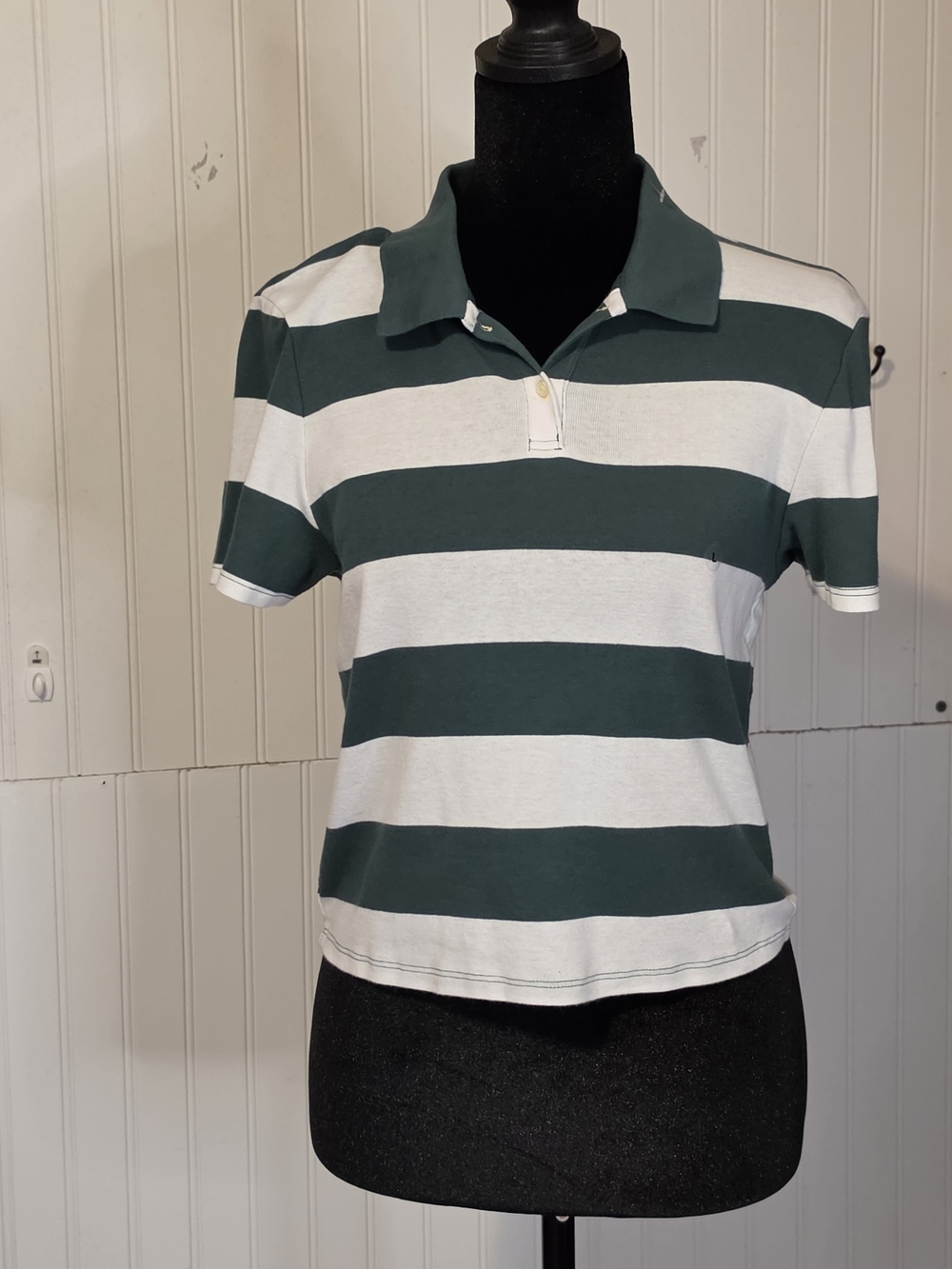New ! American Eagle Striped Polo Top Green/White  Sz Large